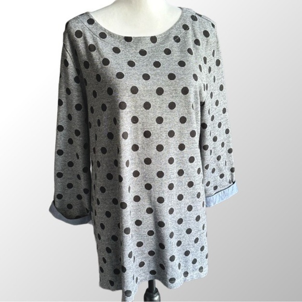 Talbots Knit Top Women XL Grey Black Polka Dot 3/4 Sleeve Boat Neck Side Slit